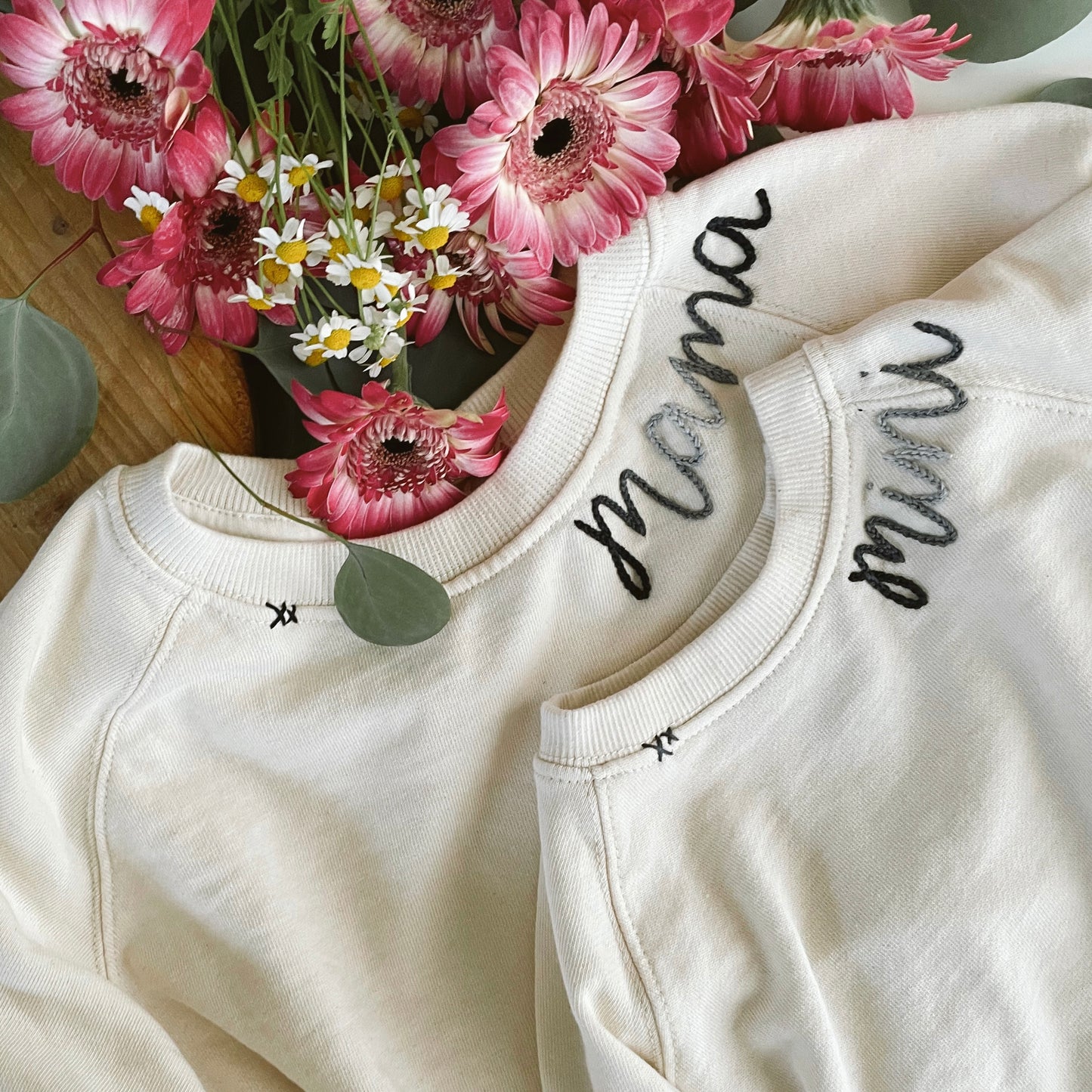 MAMA and MINI hand embroidered matching sweatshirt - BONE